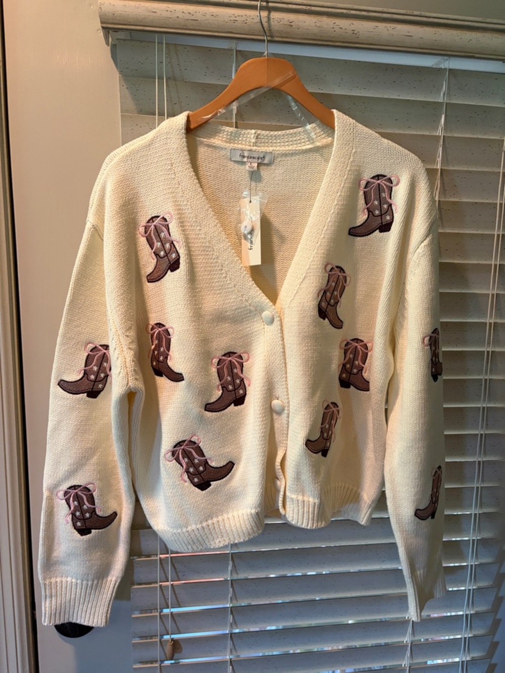 Francesca's Collections Cream Cardigan with Brown Boot Embroidery